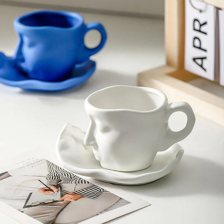Metall Berørende Ansikt Kreativ Keramikk Kyss Kaffe Kopp, Kunstnerisk Stemning Mugge & Underkop Sett | Skanto