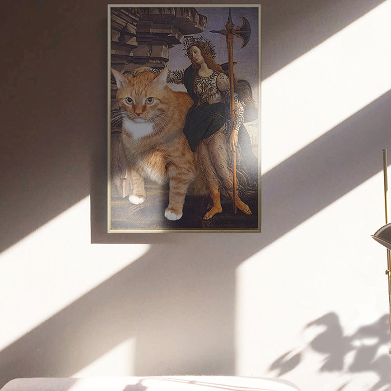 Norvo | Brunt retro-stil veggkunst blandet media kvinne med katten sin ride lerret for soverom