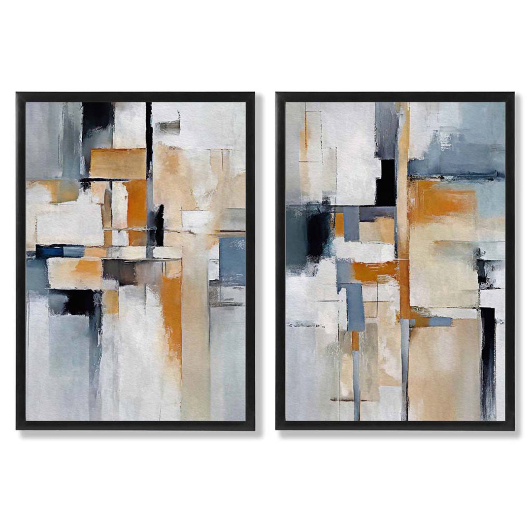 Abstrakt sett med 2 innrammede kunsttrykk i blått og oransje
