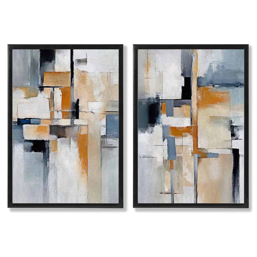 Abstrakt sett med 2 innrammede kunsttrykk i blått og oransje