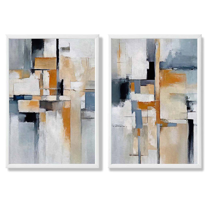 Abstrakt sett med 2 innrammede kunsttrykk i blått og oransje