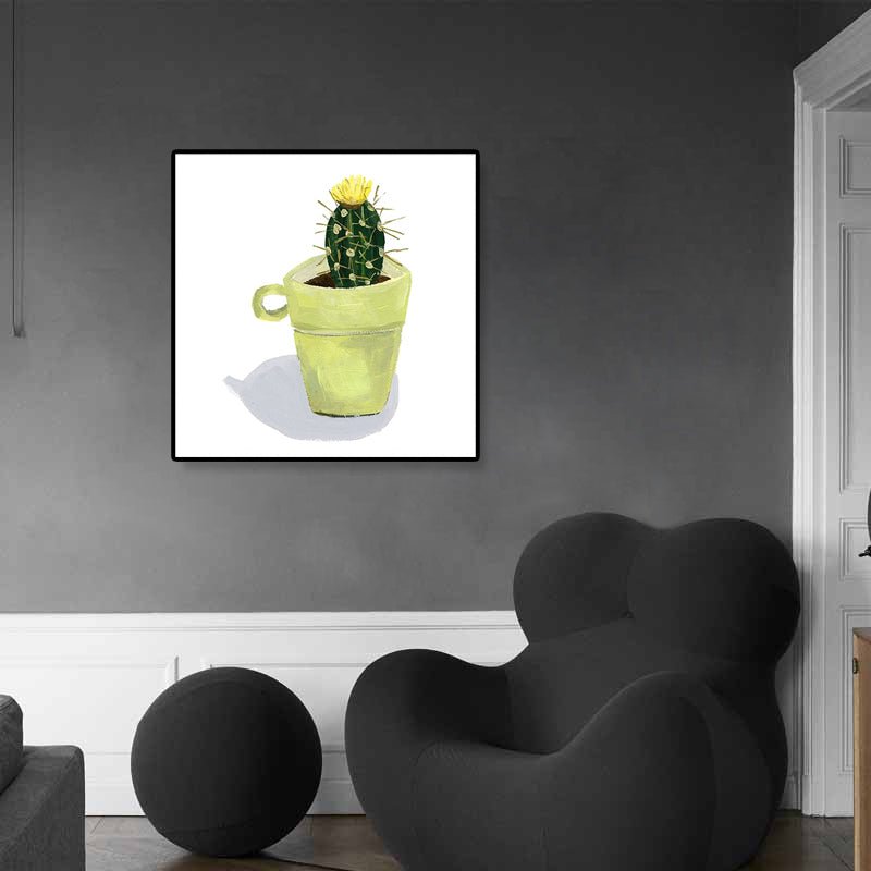 Norvo | Nordisk Illustrasjon Bonsai Kaktus Lerret Gul Teksturert Veggkunst Trykk for Barnerom