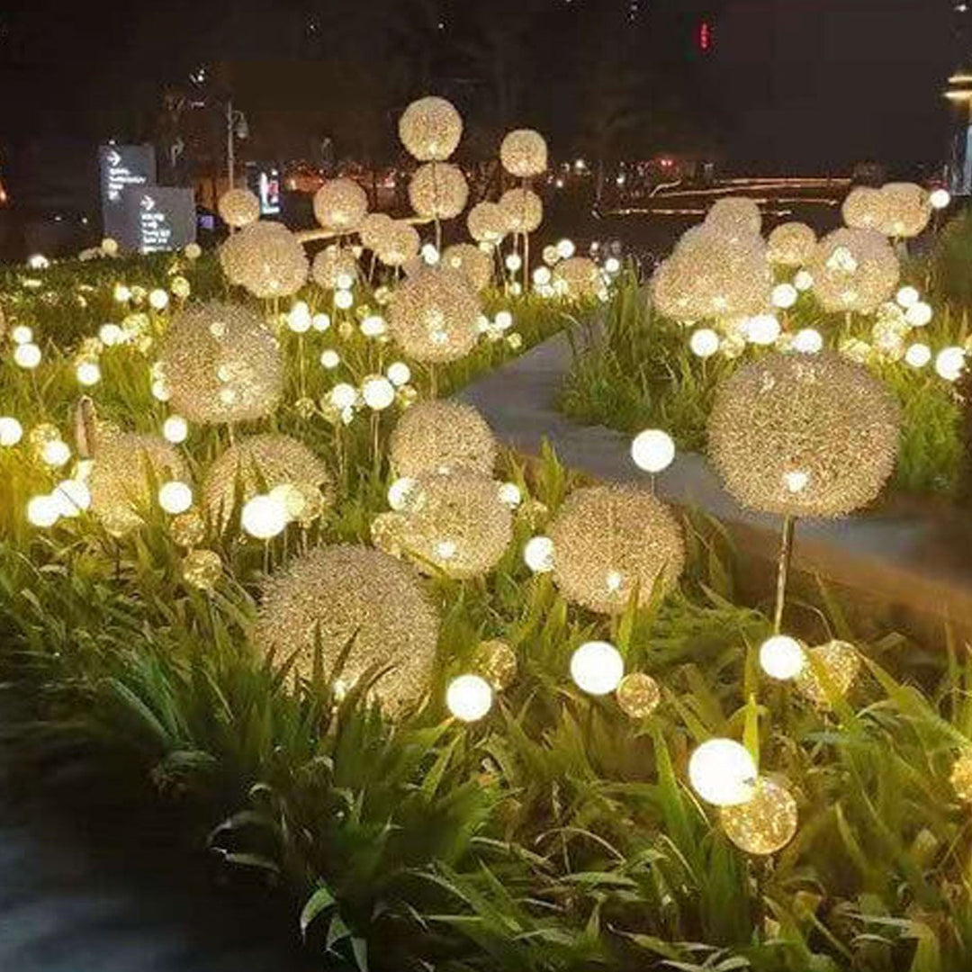 Solcelledrevet LED-kulelampe av løvetann laget av aluminiumstråd, vanntett, for utendørs bruk, for planting i hagen, bakkelys