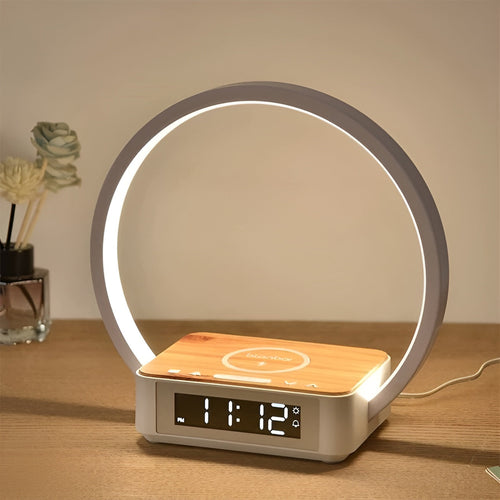 Skanto | GlowMax 3-i-1 LED Bordlampe – Trådløs Lader, Vekkerklokke & Berøringskontroll