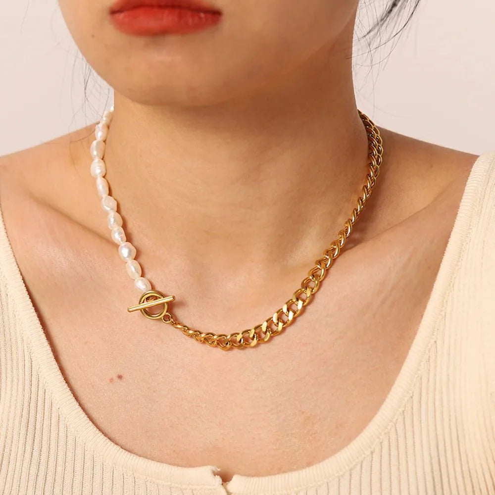 Skanto | 18k Gull Klassisk Moderne Cuban Pearl Choker Smykke