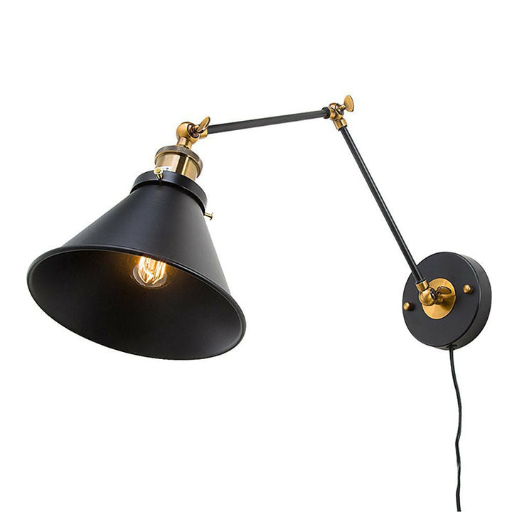 Lesevegglampe med jernsvart finish, rullet kant, konisk, enkel industriell vegglampe med plugg/pluggløs og svingarm