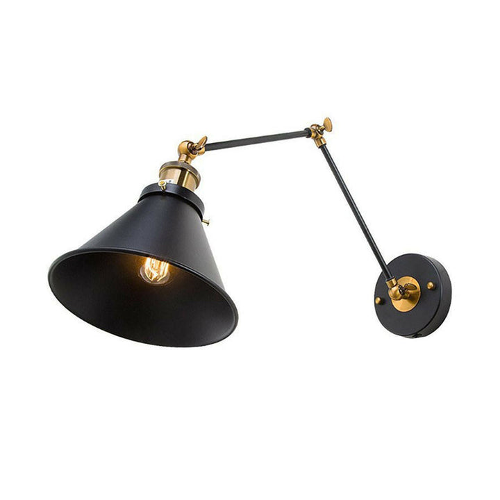 Lesevegglampe med jernsvart finish, rullet kant, konisk, enkel industriell vegglampe med plugg/pluggløs og svingarm