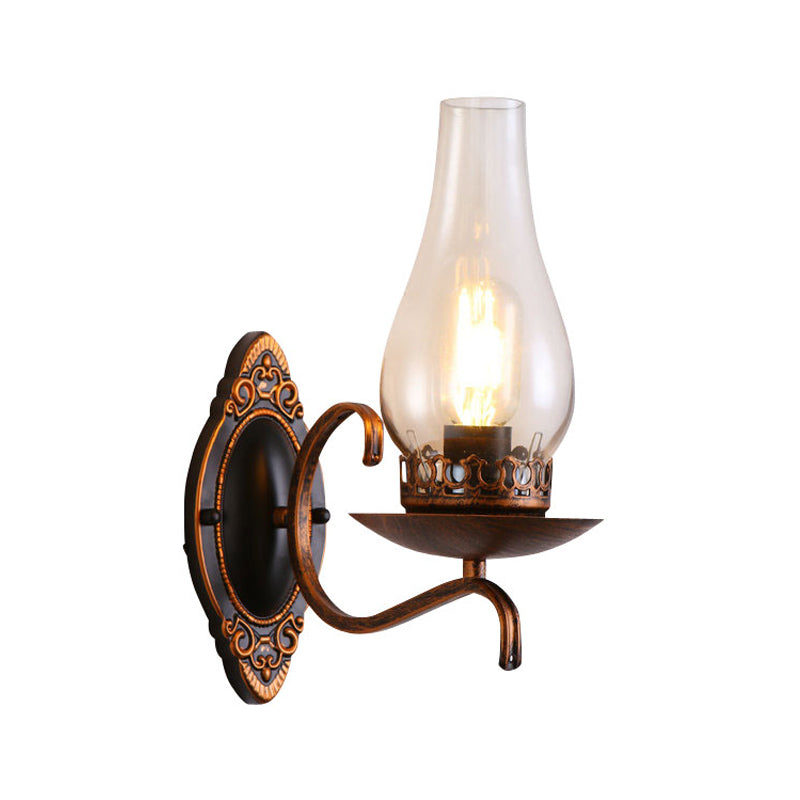 Enarms vegglampe, industriell vegglampe for entreen med parafinskjerm i klart/frostet glass i kobber/bronse