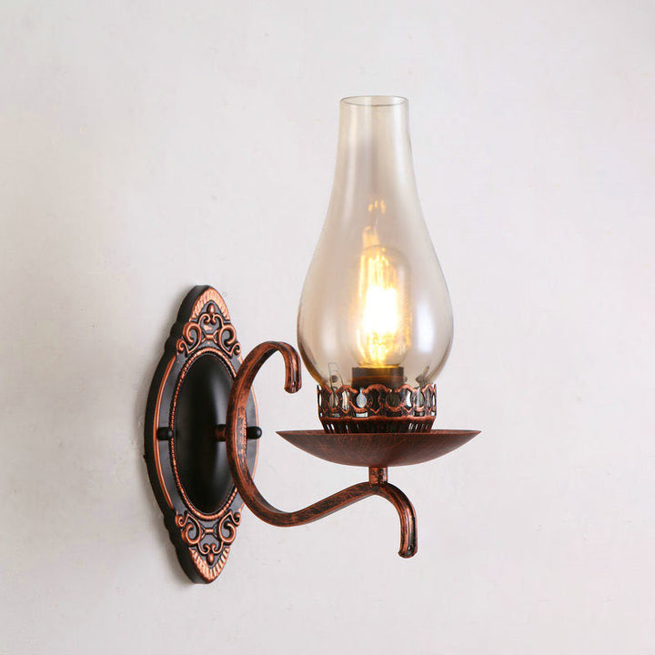 Enarms vegglampe, industriell vegglampe for entreen med parafinskjerm i klart/frostet glass i kobber/bronse