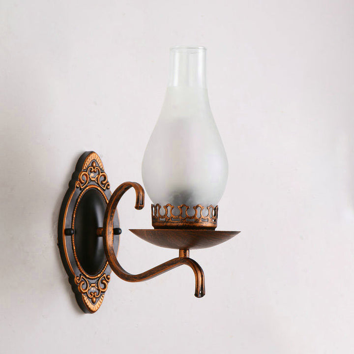 Enarms vegglampe, industriell vegglampe for entreen med parafinskjerm i klart/frostet glass i kobber/bronse