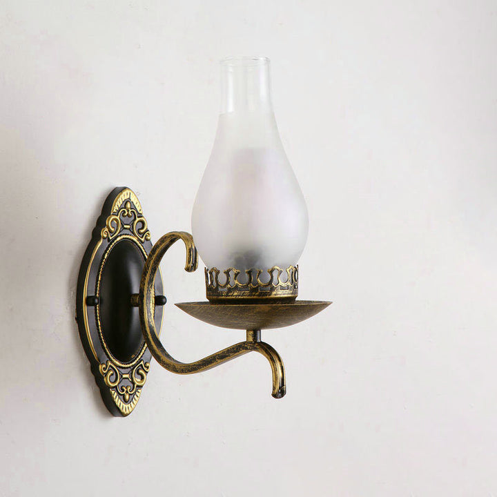Enarms vegglampe, industriell vegglampe for entreen med parafinskjerm i klart/frostet glass i kobber/bronse