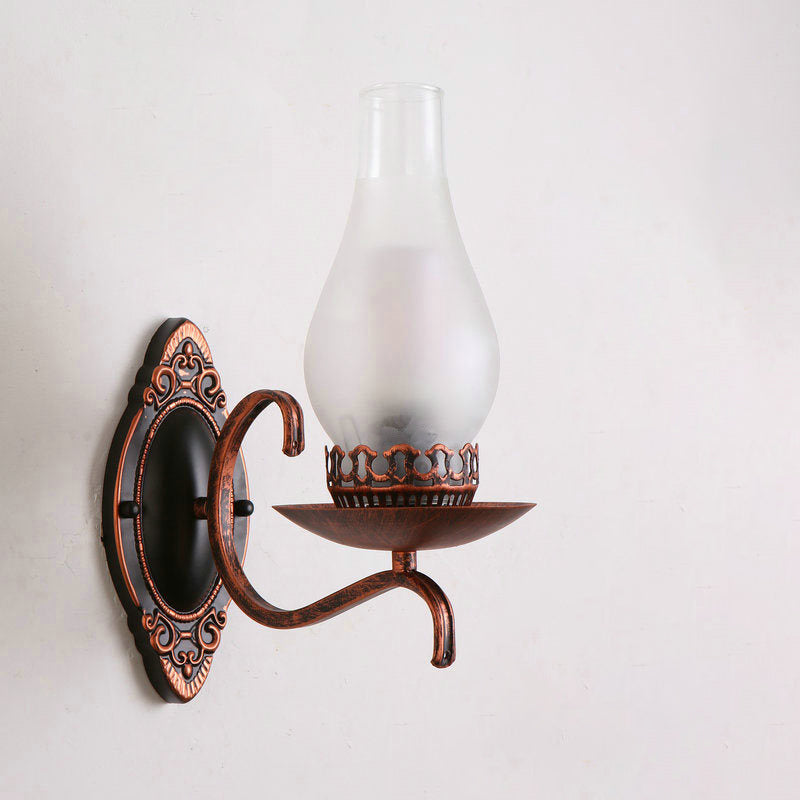 Enarms vegglampe, industriell vegglampe for entreen med parafinskjerm i klart/frostet glass i kobber/bronse