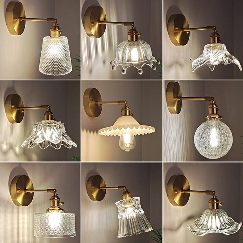 Jern Messing Finish Vegg Leselampe Svingarm 1-Lys Industriell Veggmontert Lampe med Blomst/Skål Klar Glass Skjerm | Skanto