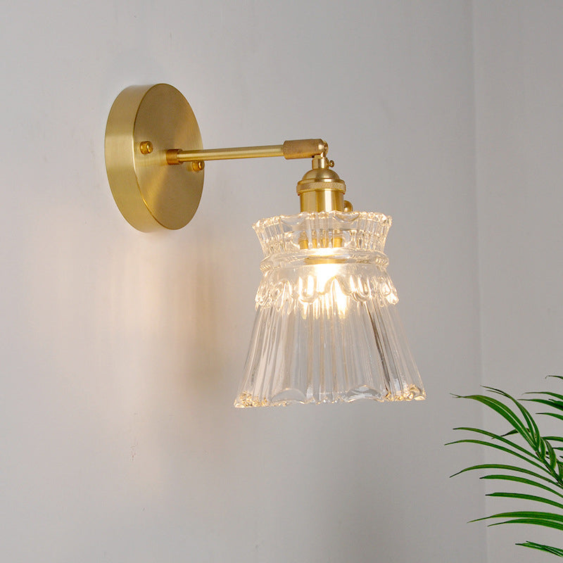 Jern Messing Finish Vegg Leselampe Svingarm 1-Lys Industriell Veggmontert Lampe med Blomst/Skål Klar Glass Skjerm | Skanto