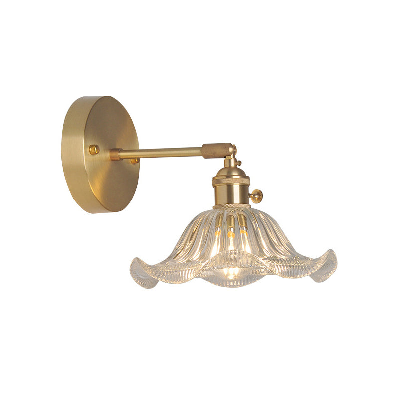 Jern Messing Finish Vegg Leselampe Svingarm 1-Lys Industriell Veggmontert Lampe med Blomst/Skål Klar Glass Skjerm | Skanto