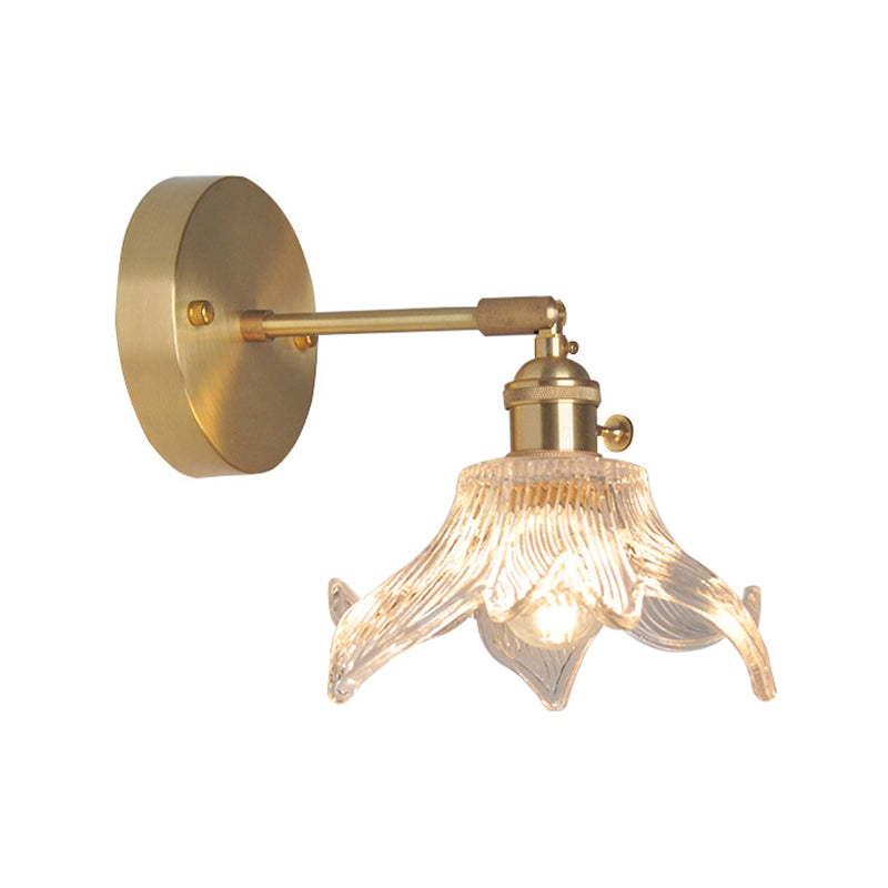 Jern Messing Finish Vegg Leselampe Svingarm 1-Lys Industriell Veggmontert Lampe med Blomst/Skål Klar Glass Skjerm | Skanto