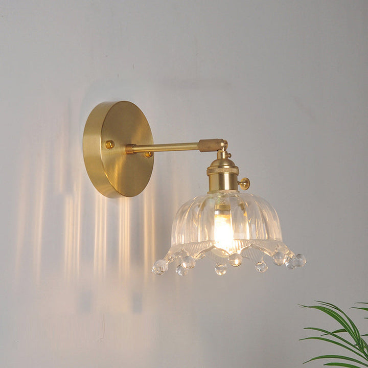 Jern Messing Finish Vegg Leselampe Svingarm 1-Lys Industriell Veggmontert Lampe med Blomst/Skål Klar Glass Skjerm | Skanto