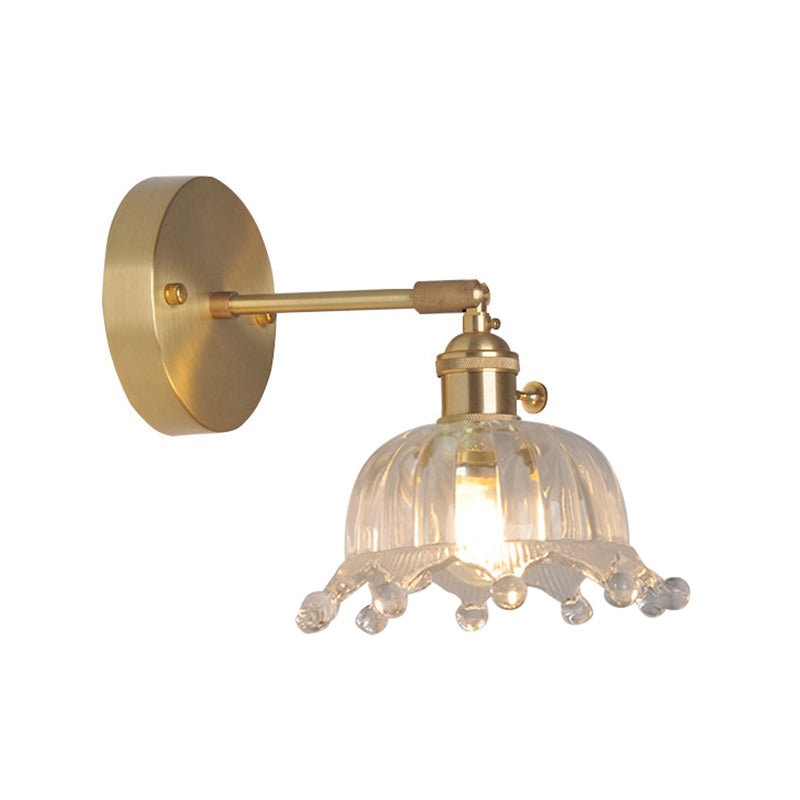 Jern Messing Finish Vegg Leselampe Svingarm 1-Lys Industriell Veggmontert Lampe med Blomst/Skål Klar Glass Skjerm | Skanto