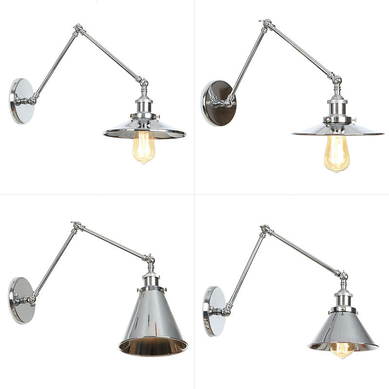 Nattbordslampe i form av tallerken/kjegle/horn, enkel, metall, 15 cm/20 cm, krom, vegglampe med roterende arm