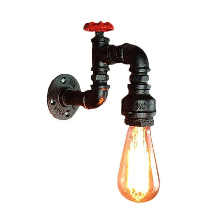 Svart Kran Vegglampe Steampunk Jern 1-Lykt Stue Vegglampe Sett med Rød Ventil | Skanto