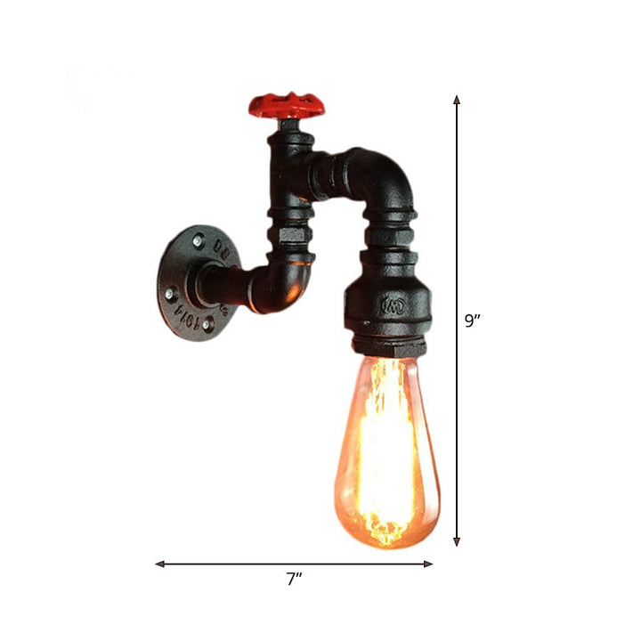 Svart Kran Vegglampe Steampunk Jern 1-Lykt Stue Vegglampe Sett med Rød Ventil | Skanto