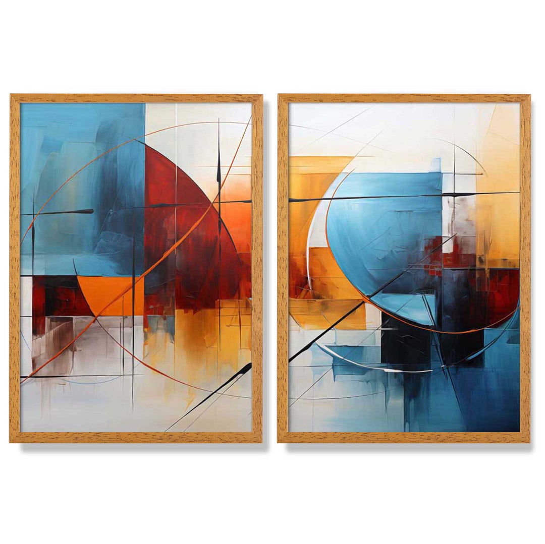Abstrakte, fargerike akvarelldesign – 2 innrammede kunsttrykk