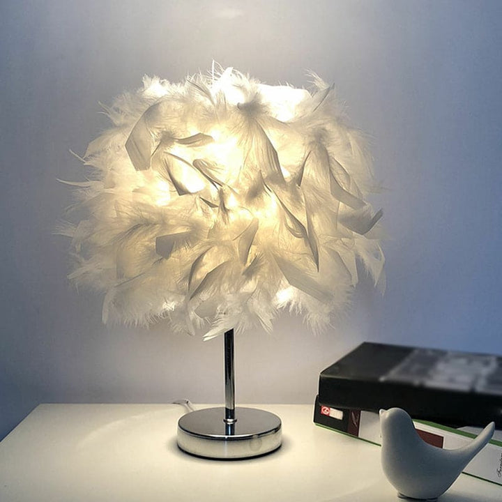 Rund fjærlampe - dekorativ bordlampe for stue, nattbord & batteri, dimbar, trådløs | Skanto
