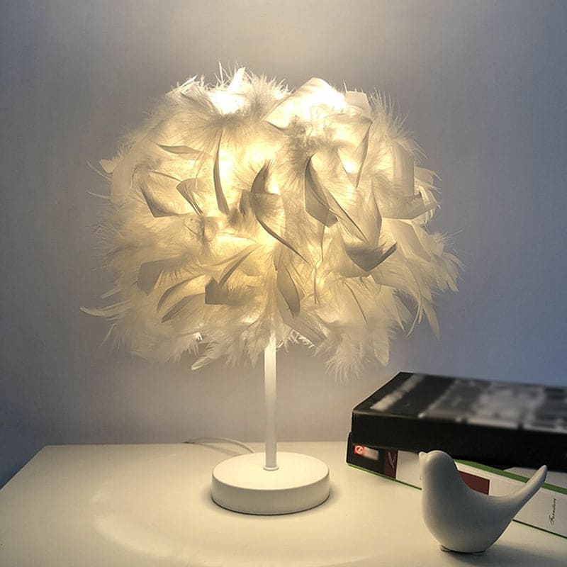 Rund fjærlampe - dekorativ bordlampe for stue, nattbord & batteri, dimbar, trådløs | Skanto