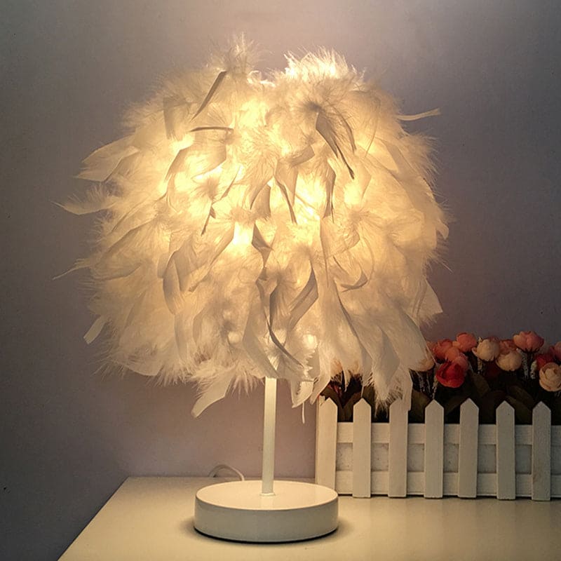 Rund fjærlampe - dekorativ bordlampe for stue, nattbord & batteri, dimbar, trådløs | Skanto