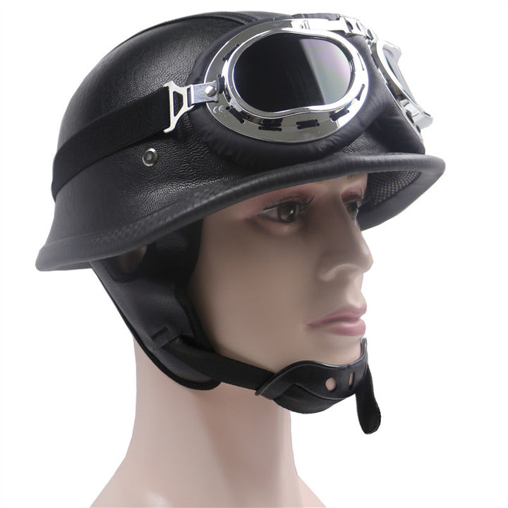 Vintage lærmotorcykelhjelm med kromgoggles Skanto