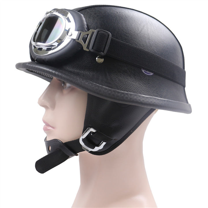 Vintage lærmotorcykelhjelm med kromgoggles Skanto