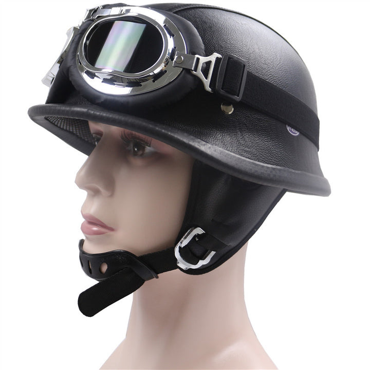 Vintage lærmotorcykelhjelm med kromgoggles Skanto