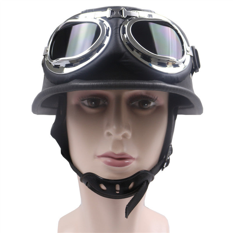 Vintage lærmotorcykelhjelm med kromgoggles Skanto