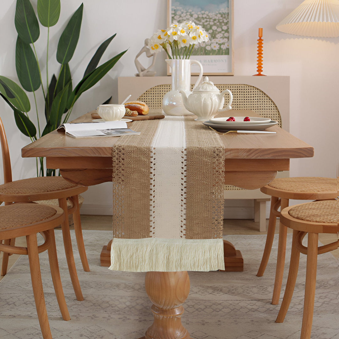 Boho Makrame Bomull Lin Table Runner med Frynser | Skanto