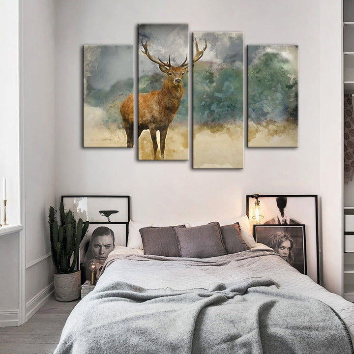 4-delt Aquarell Ebenholz Hjort - Lærred Veggkunstmaleri | Skanto