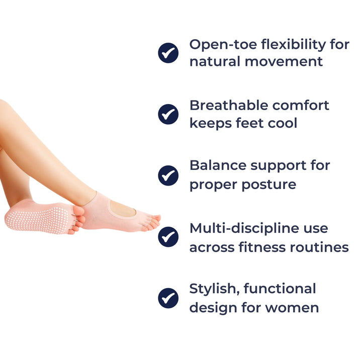 Slip Yoga Grip Socks – Åpen Tå & Pustende – Gummiert Såle for Kvinner – Stabilitet Balanse Komfort i Yoga & Pilates Skanto