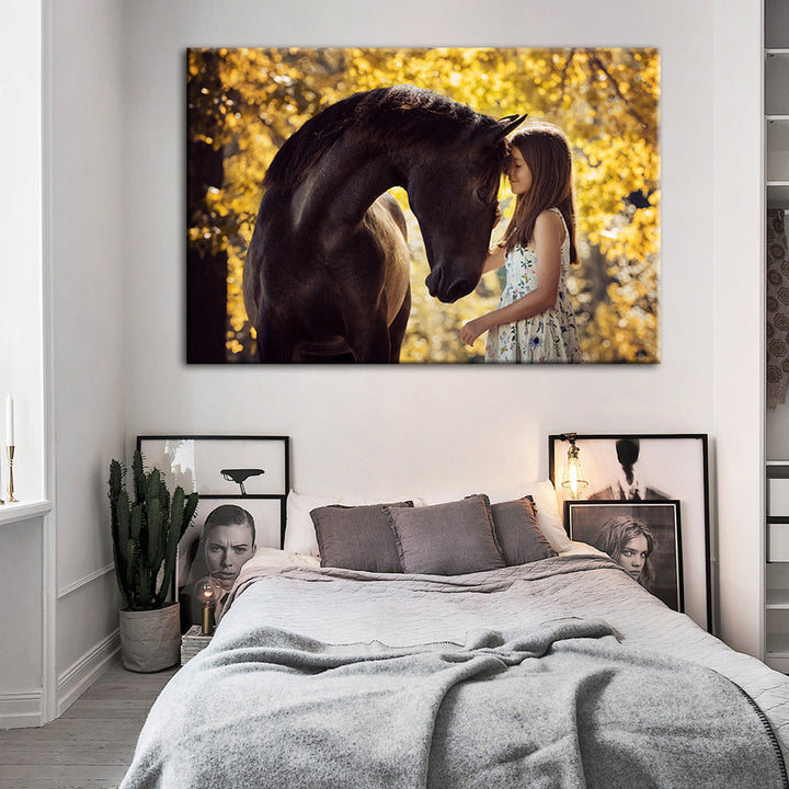 Vennskap mellom en jente og en hest - Lerret veggkunst maleri