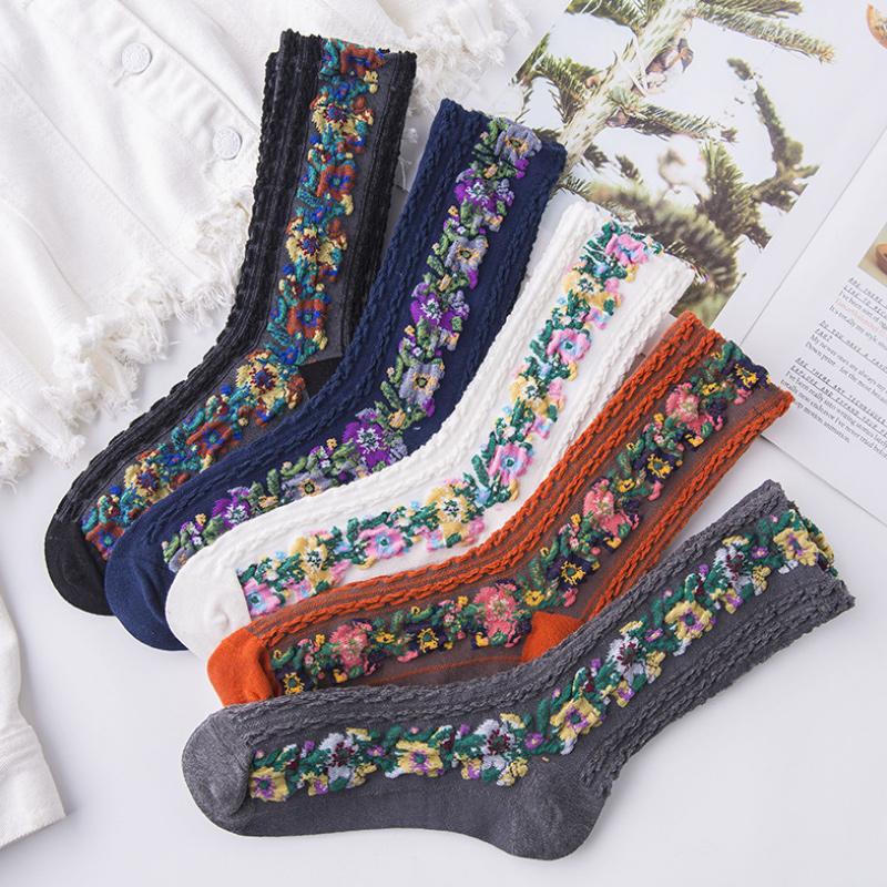 Skanto | 🧦🌸Vintage Broderte Blomst Sokker (5 Par)