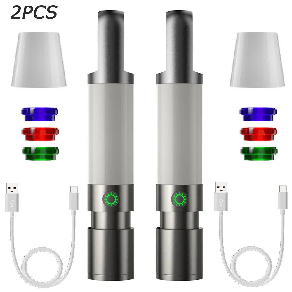 Skanto | LED lommelykt med flerfargede filtre – Oppladbar USB-C lampe med camping- og nødlys funksjon