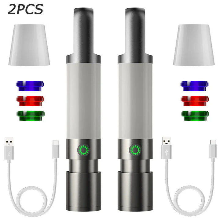 Skanto | LED lommelykt med flerfargede filtre – Oppladbar USB-C lampe med camping- og nødlys funksjon