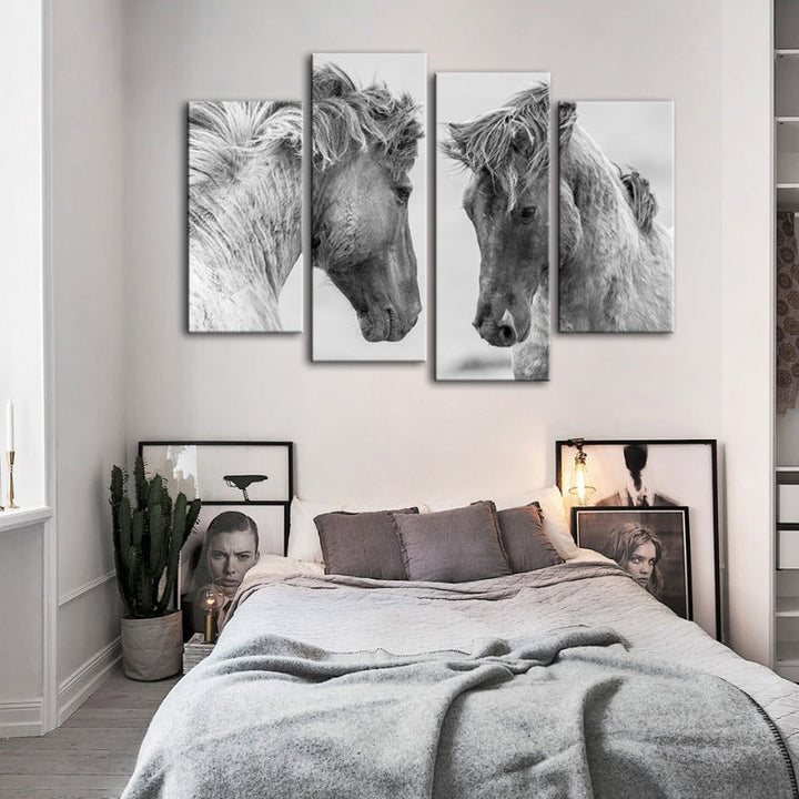 4 Styk To Hvite Hester - Lærred Veggkunst Maleri | Skanto