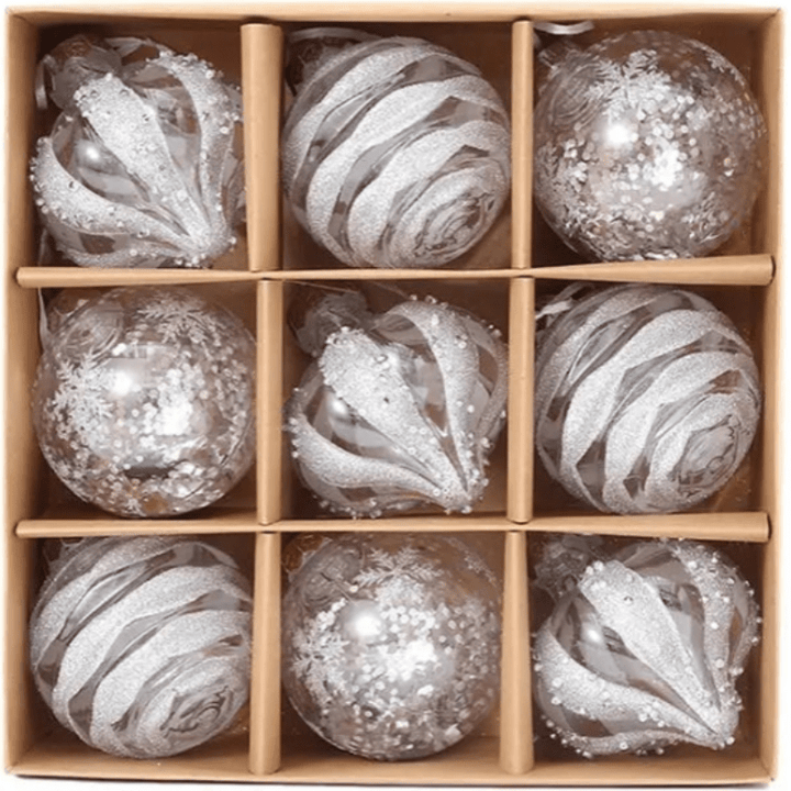 Skanto | GlansFeest Julehengedekorasjoner – Sett med 9 plastdekorasjoner med snøfnugg og ballongdesign