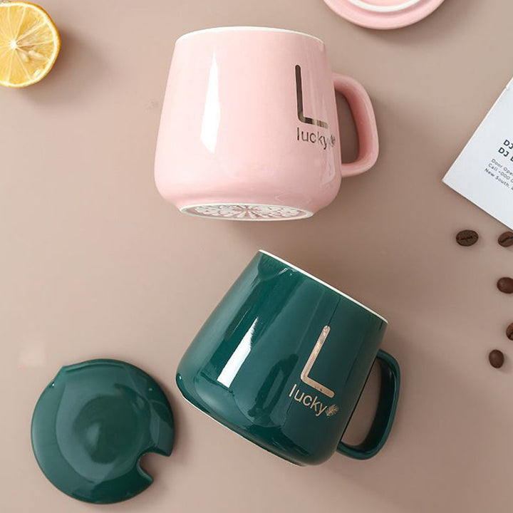 Stor-kapasitet keramikk kopp med lokk og skje kaffekopp gavesett | Skanto
