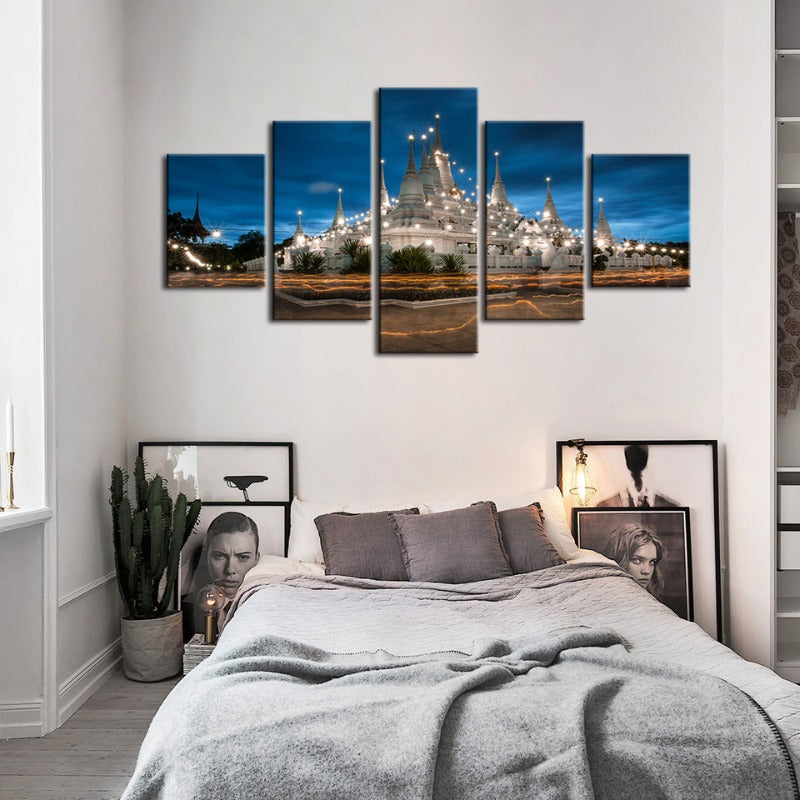 5 stk Vakker Tempel Natt Tid - Lerret Veggkunst Maleri | Skanto