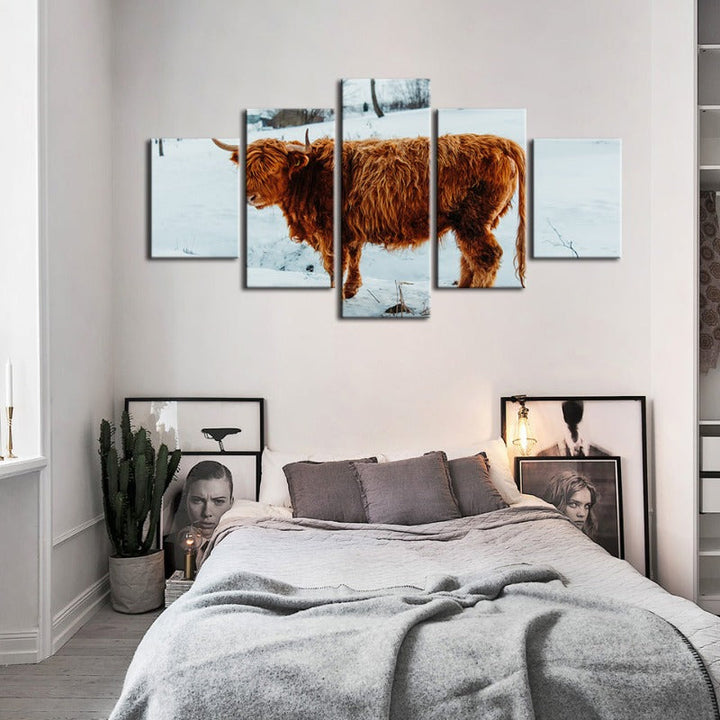 5-delt Curly Haired Cow - Lerret Veggkunst Maleri | Skanto
