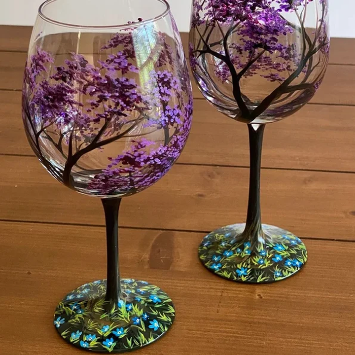 Fire Seasons Tree Vin Glass - Håndmalt Kunst | Skanto