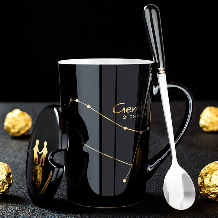 Skanto | 12 Zodiac Black Ceramic Mug with Lid and Spoon