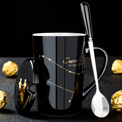 Skanto | 12 Zodiac Black Ceramic Mug with Lid and Spoon