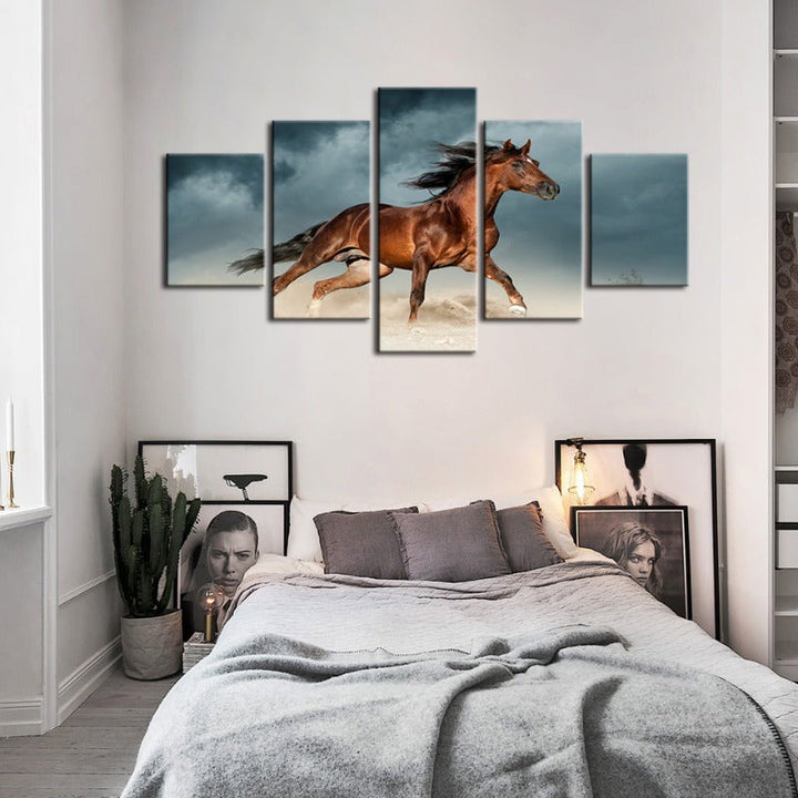 5 Stykke Brunt Hest i Ørkenen - Lerret Veggkunst Maleri | Skanto