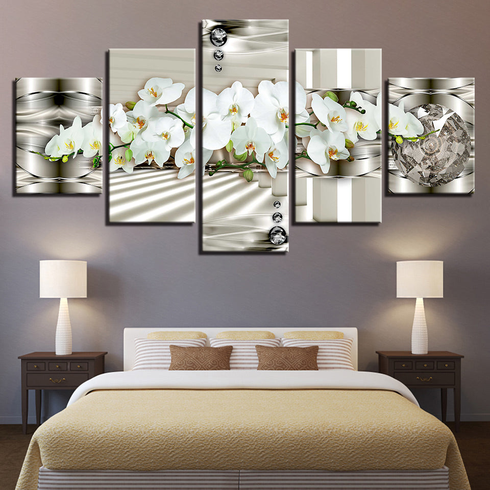 5 stk Hvit Metallic Bakgrunn Blomst - Lerret Veggkunst Maleri | Skanto